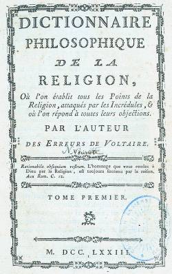 Page de titre du Dictionnaire philosophique de la religion par Claude-François Nonnotte