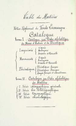 Table des matières du Catalogue manuscrit du Fonds Lacassagne, dressé et rédigé par Claudius Roux, 1918-1920