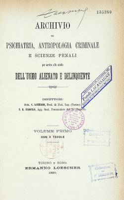 Page de titre du 1er numéro des Archivio di psichiatria, Antropologia criminale e scienze penali, revue fondée par Cesare Lombroso