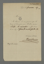 Lettre de P.de la Perrière adressée à Pierre Charnier dans laquelle il l'informe de la date de la réunion du comité de souscription pour Pie IX, chez Perrin.