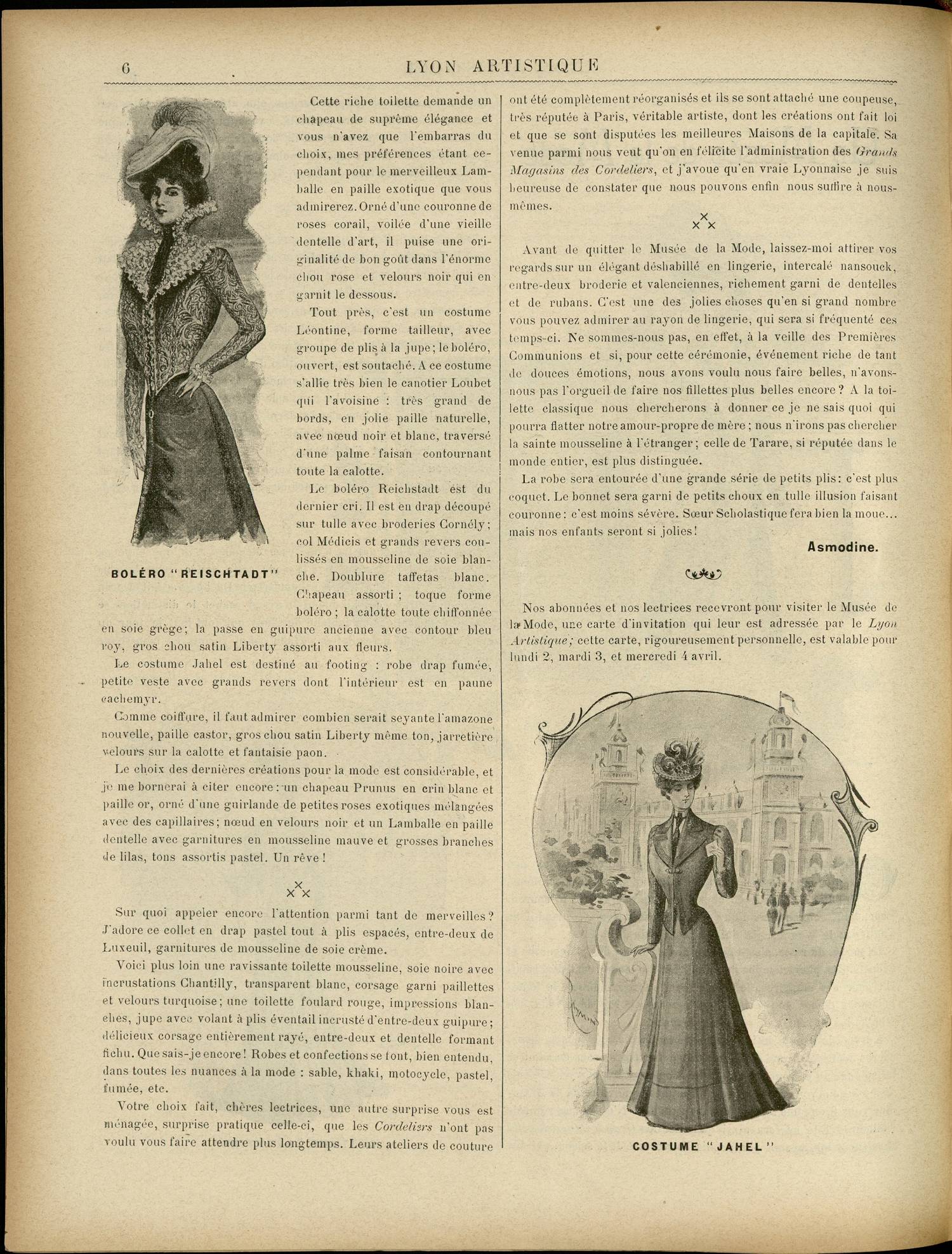 Contenu textuel de l'image : Cette riche toilette demande un chapeau de suprême élégance et vous n'avez que l'embarras du choix, mes préférences étant cependant pour le merveilleux Lamballe en paille exotique que vous admirerez. Orné d'une couronne de roses corail, voilée d'une vieille dentelle d'art, il puise une originalité de bon goût dans l'énorme chou rose et velours noir qui en garnit le dessous. 