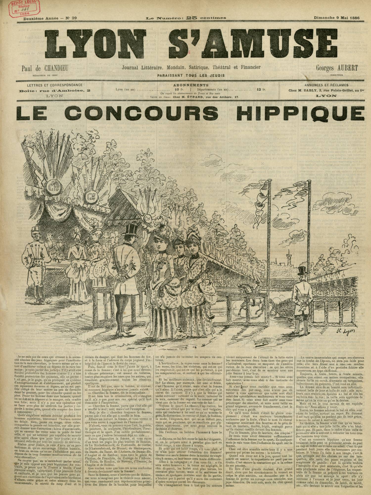 Contenu textuel de l'image : Je ne suis pas de ceux qui croient à la nécessité absolue des jeux hippiques pour l'amélioration de la race chevaline, je trouve même qu'on a tort d'améliorer celle-ci au dépens de la race humaine : je veux parler des jockeys. S&#39;il y avait une Société protectrice des hommes comme il y a une Société protectrice des animaux, elle ne perme - trait pas, je le gage, qu'on pratiquât ce système d'amaigrissement et d'abêtissement, qui produit ces équestres devenus si légers, qu'on est parfois obligé de leur mettre un peu de ferraille dans le gousset, pour les alourdir quand on les pèse. Peser un homme dans une balance, quand on ne doit ni le dépecer ni le manger, cela semble une folie; mais il n'y a pas une opération qui se fasse avec plus de sévérité. La justice y regarde à moins près, quand elle soupèse des âmes à innocenter. 