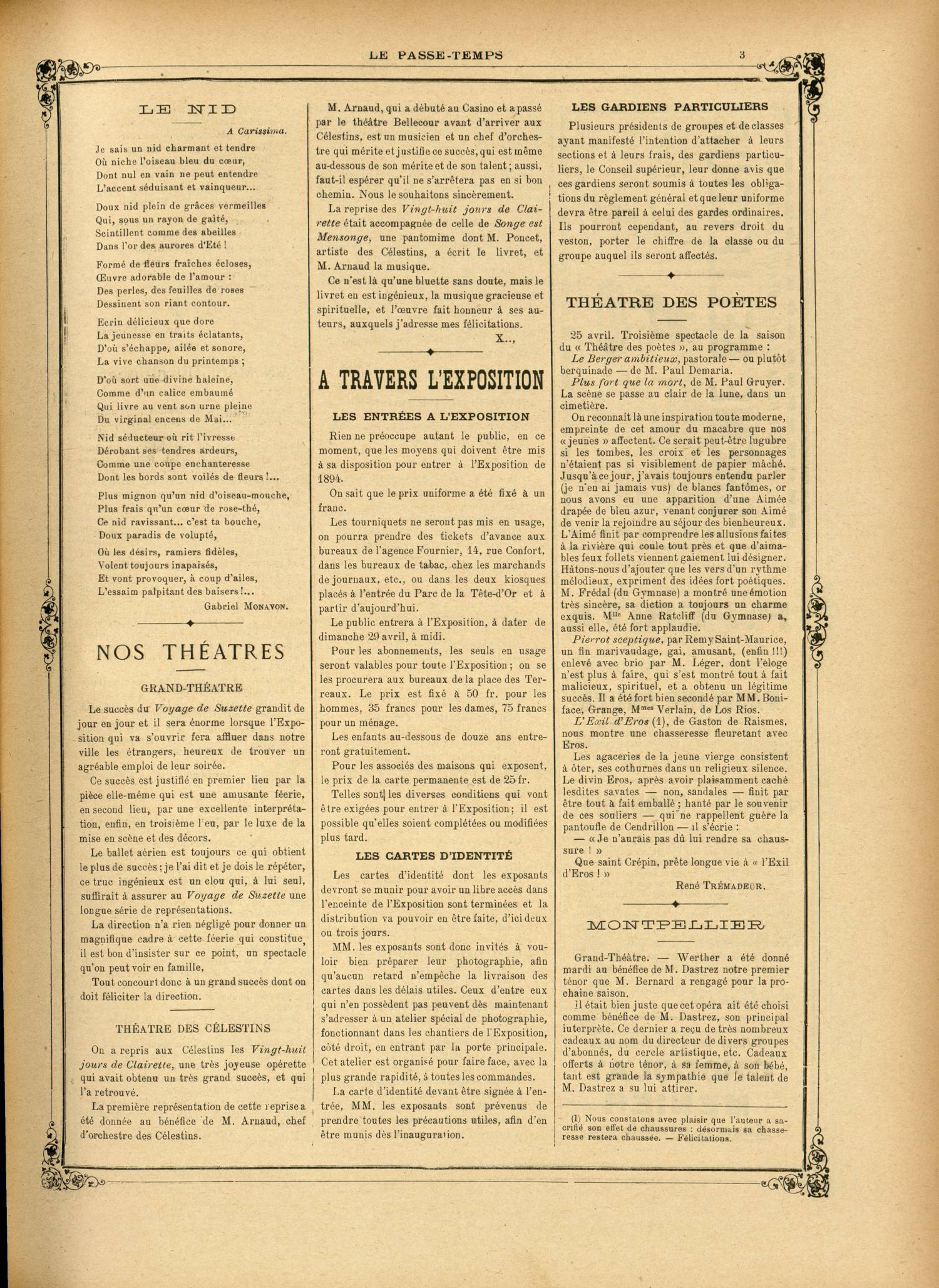 Contenu textuel de l'image : Rien ne préoccupe autant le public, en ce moment, que les moyens qui doivent être mis à sa disposition pour entrer à l'Exposition de 1894. 