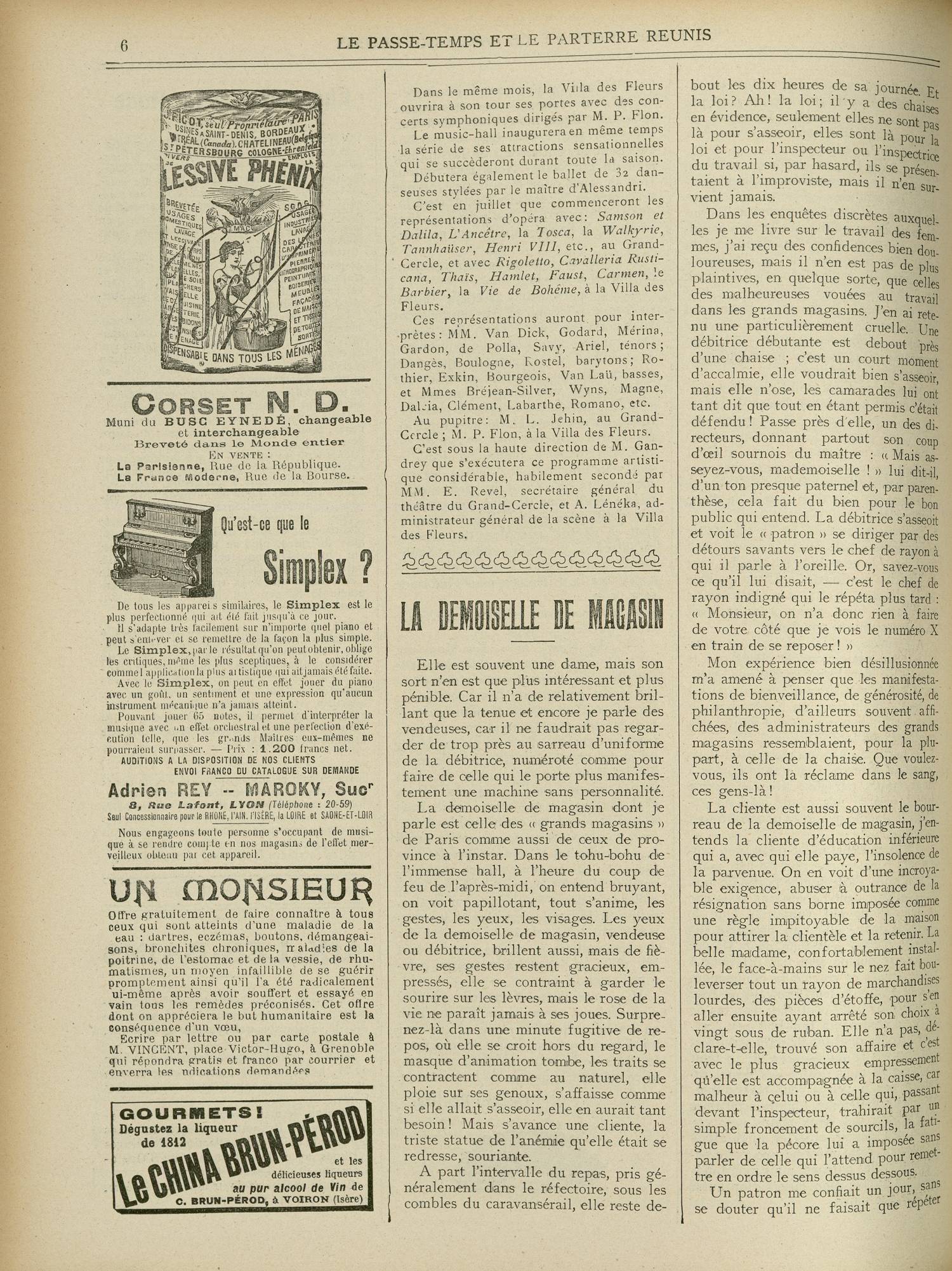 Contenu textuel de l'image : Elle est souvent une dame, mais son sort n'en est que plus intéressant et plus pénible. Car il n'a de relativement brillant que la tenue et encore je parle des vendeuses, car il ne faudrait pas regarder de trop près au sarreau d'uniforme de la débitrice-, numéroté comme pour faire de celle qui le porte plus manifestement une machine sans personnalité. 